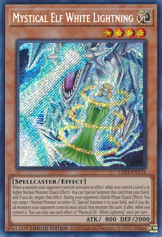 A Secret Rare "Mystical Elf White Lightning" card from the Yugioh Set: Legendary Duelists: Season 3 (LDS3).