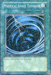 A Common Duel Terminal "Mystical Space Typhoon" card from the Yugioh Set: Duel Terminal 1 (DT01).