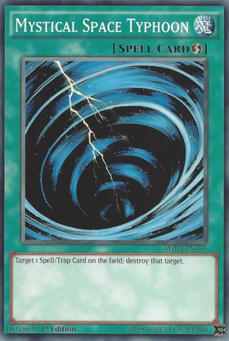 A Common "Mystical Space Typhoon" card from the Yugioh Set: Wing Raiders (WIRA).