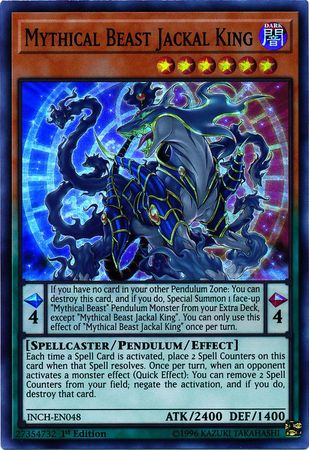  A Super Rare "Mythical Beast Jackal King" card from the Yugioh Set: The Infinity Chasers (INCH).