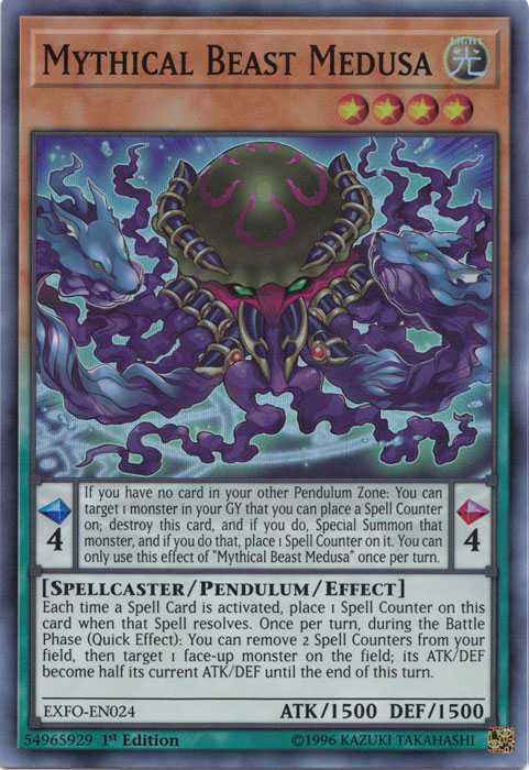 A Super Rare "Mythical Beast Medusa" card from the Yugioh Set: Extreme Force (EXFO).