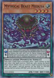 A Super Rare "Mythical Beast Medusa" card from the Yugioh Set: Extreme Force (EXFO).