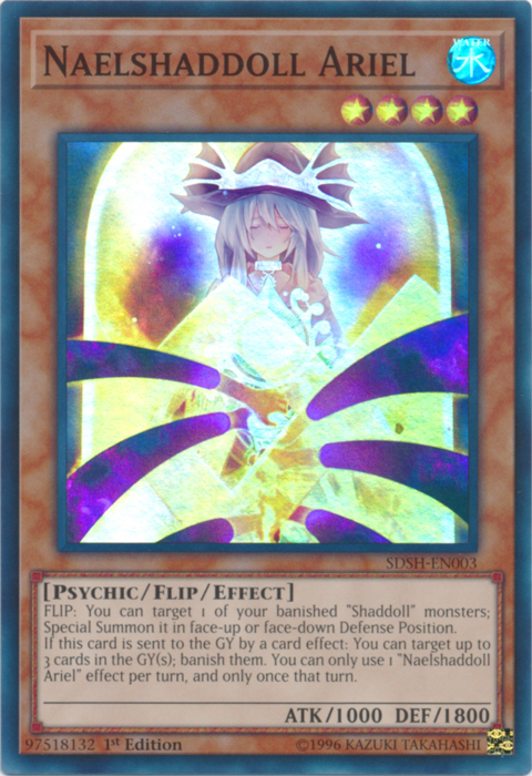 A Super Rare "Naelshaddoll Ariel" card from the Yugioh Structure Deck: Shaddoll Showdown.