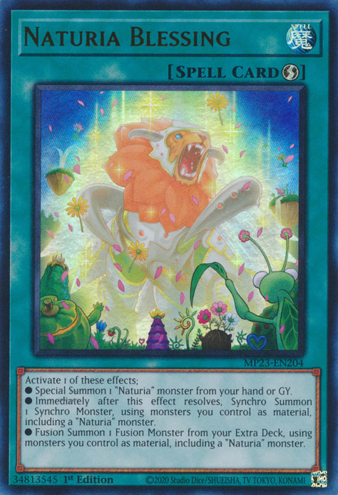 An Ultra Rare "Naturia Blessing" card from the Yugioh Dueling Heroes Mega-Tin Mega Pack.