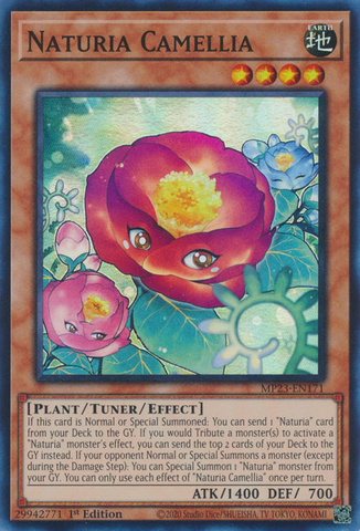 A Super Rare "Naturia Camellia" card from the Yugioh Dueling Heroes Mega-Tin Mega Pack.