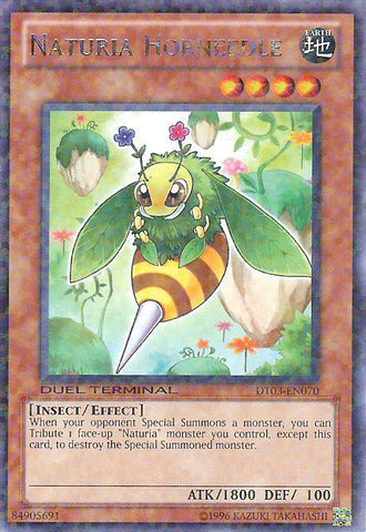 A Duel Terminal Rare "Naturia Horneedle" card from the Yugioh Set: Duel Terminal 3 (DT03).