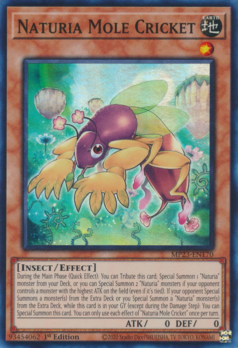 A Super Rare "Naturia Mole Cricket" card from the Yugioh 25th Anniversary Tin: Dueling Heroes set.