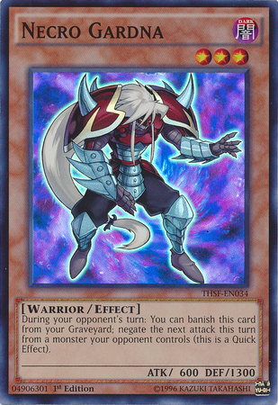 A Super Rare "Necro Gardna" card from the Yugioh Set: The Secret Forces.