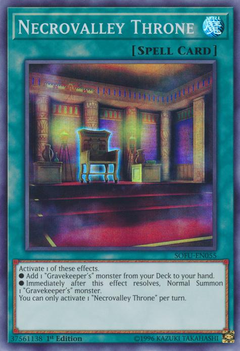 A Super Rare "Necrovalley Throne" card from the Yugioh Set: Soul Fusion (SOFU).