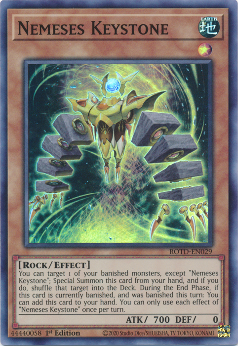 A Super Rare "Nemeses Keystone" card from the Yugioh Set: Rise of the Duelists (ROTD).