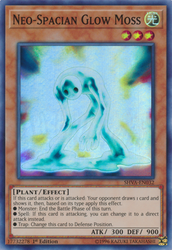 A Super Rare "Neo-Spacian Glow Moss" card from the Yugioh Set: Shadows in Valhalla (SHVA).