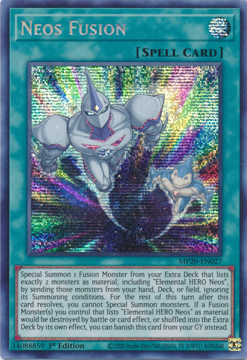 A Prismatic Secret Rare "Neos Fusion" card from the Yugioh 2020 Tin of Lost Memories Mega-Tin Mega Pack.