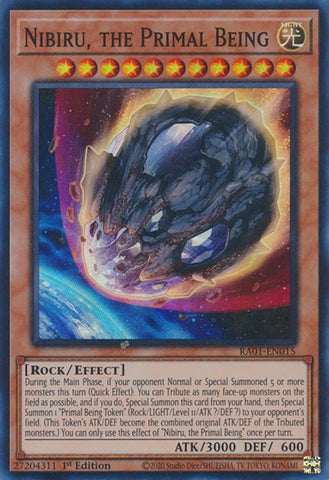A Super Rare "Nibiru, the Primal Being" card from the Yugioh Set: Rarity Collection 1 (RA01).