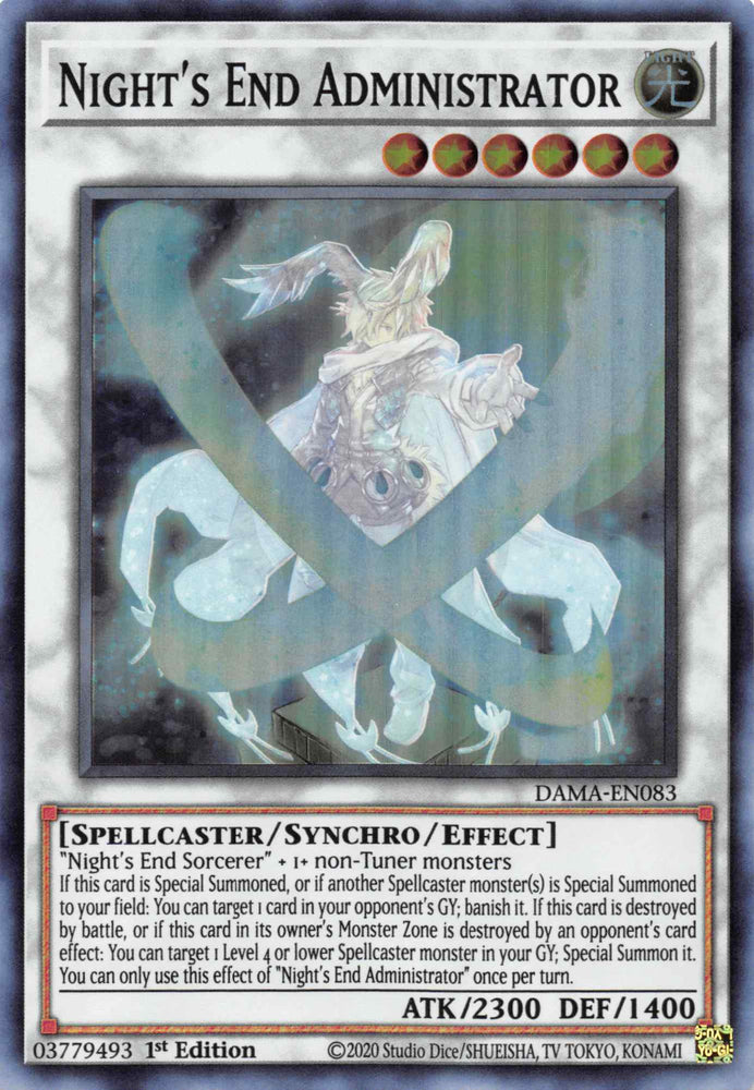A Super Rare "Night's End Administrator" card from the Yugioh Set: Dawn of Majesty (DAMA).