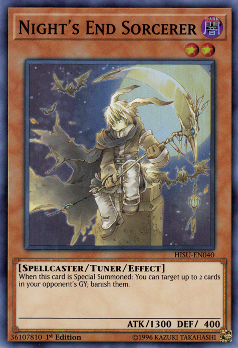 A Super Rare "Night's End Sorcerer" card from the Yugioh Set: The Hidden Summoners (HISU).