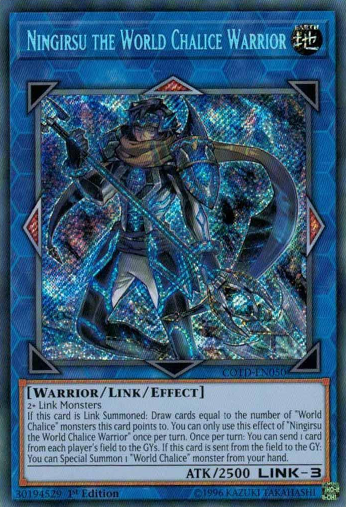 A Secret Rare "Ningirsu The World Chalice Warrior" card from the Yugioh Set: Code of the Duelist.