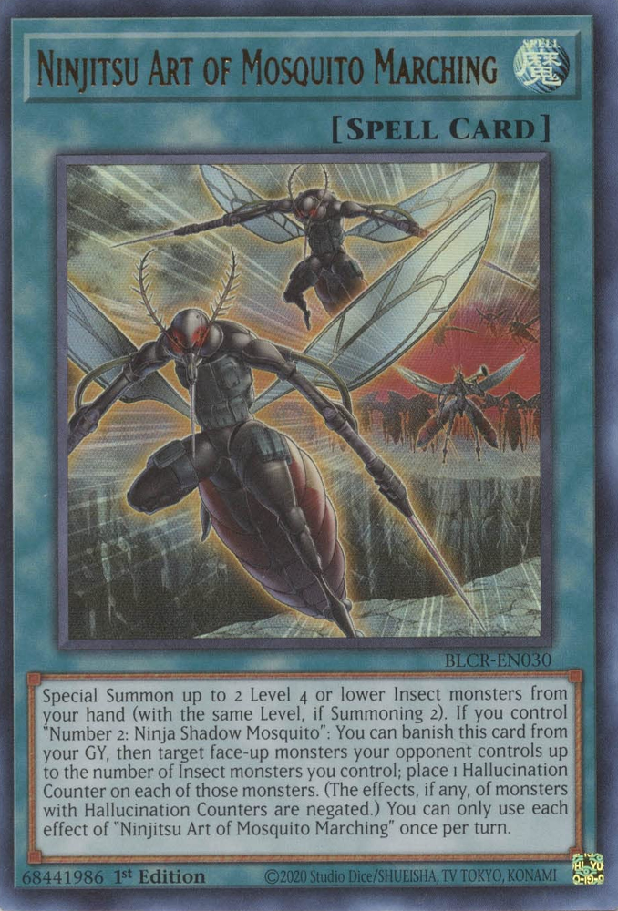 An Ultra Rare "Ninjitsu Art of Mosquito Marching" card from the Yugioh Set: Battles of Legend: Crystal Revenge (BLCR).