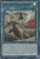 An Ultra Rare "Ninjitsu Art of Mosquito Marching" card from the Yugioh Set: Battles of Legend: Crystal Revenge (BLCR).