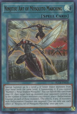 An Ultra Rare "Ninjitsu Art of Mosquito Marching" card from the Yugioh Set: Battles of Legend: Crystal Revenge (BLCR).