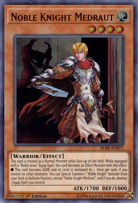 An Ultra Rare "Noble Knight Medraut" card from the Yugioh Set: Battles of Legend: Relentless Revenge (BLRR).