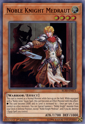 An Ultra Rare "Noble Knight Medraut" card from the Yugioh Set: Battles of Legend: Relentless Revenge (BLRR).