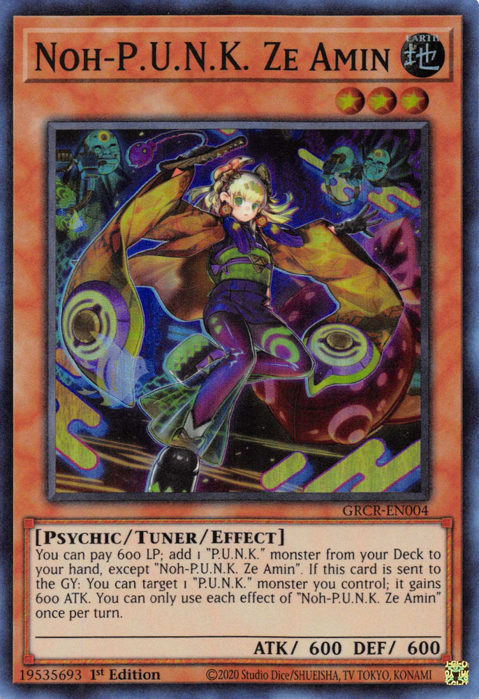  A Super Rare "Noh-P.U.N.K. Ze Amin" card from the Yugioh Set: The Grand Creators.