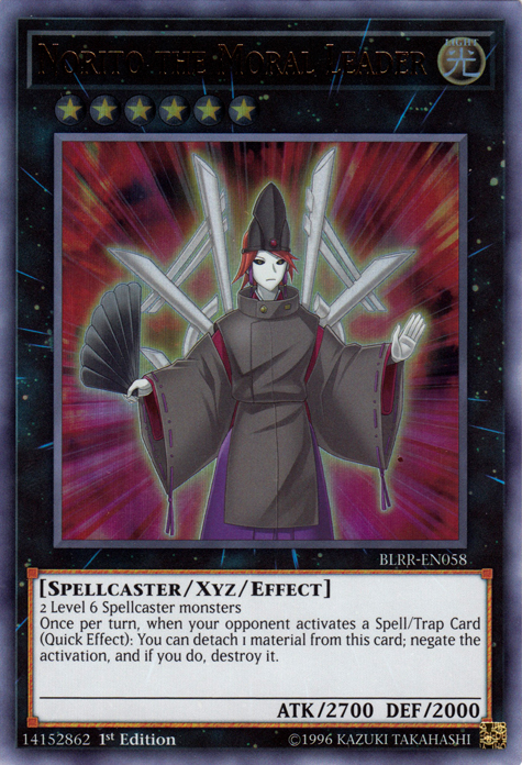 An Ultra Rare "Norito the Moral Leader" card from the Yugioh Set: Battles of Legend: Relentless Revenge (BLRR).