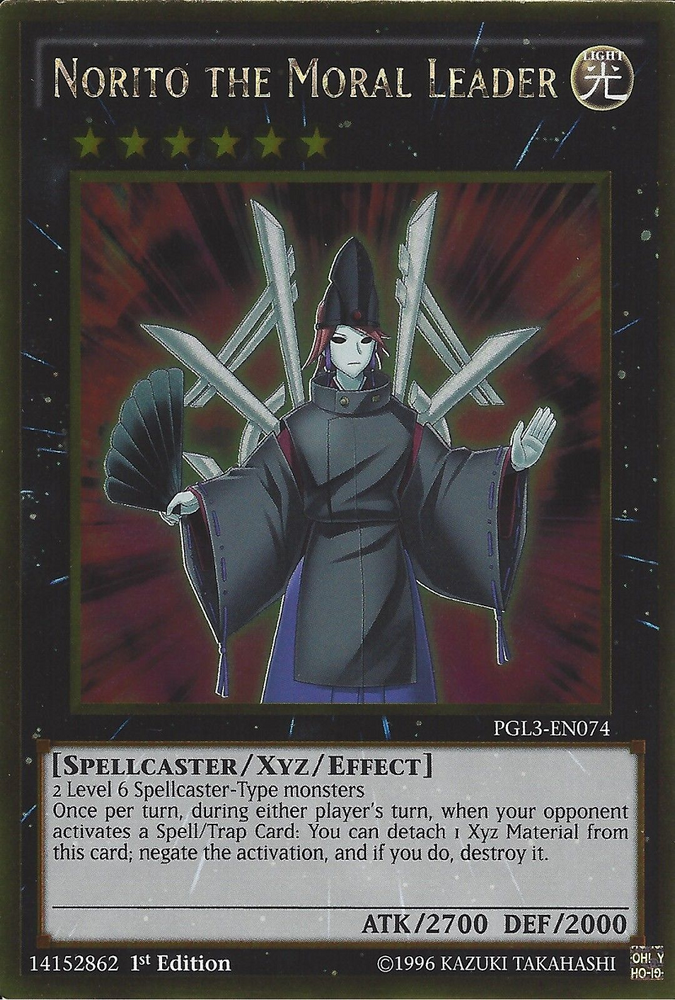 A Gold Rare "Norito the Moral Leader" card from the Yugioh Set: Premium Gold: Infinite Gold (PGL3).