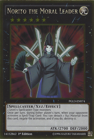 A Gold Rare "Norito the Moral Leader" card from the Yugioh Set: Premium Gold: Infinite Gold (PGL3).