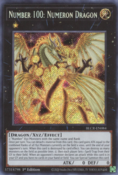 A Secret Rare "Number 100: Numeron Dragon" card from the Yugioh Set: Battles of Legend: Crystal Revenge (BLCR).