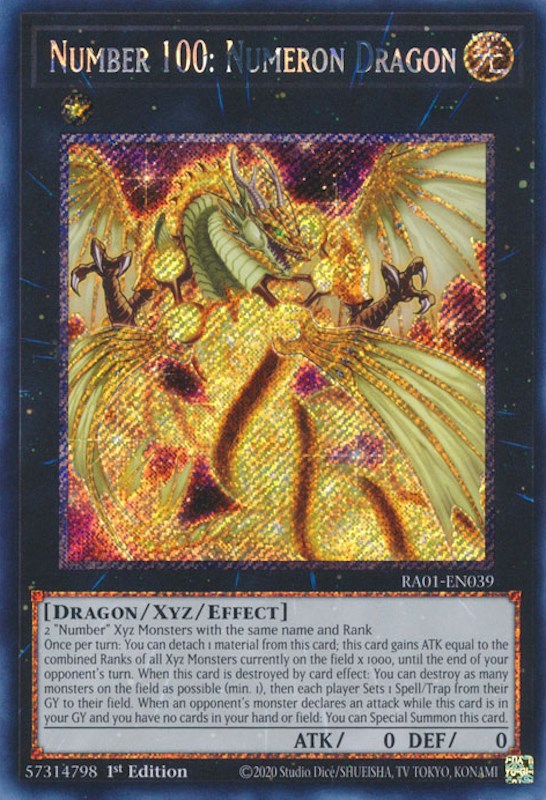 A Platinum Secret Rare "Number 100: Numeron Dragon" card from the Yugioh Set: Rarity Collection 1 (RA01).