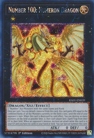 A Platinum Secret Rare "Number 100: Numeron Dragon" card from the Yugioh Set: Rarity Collection 1 (RA01).