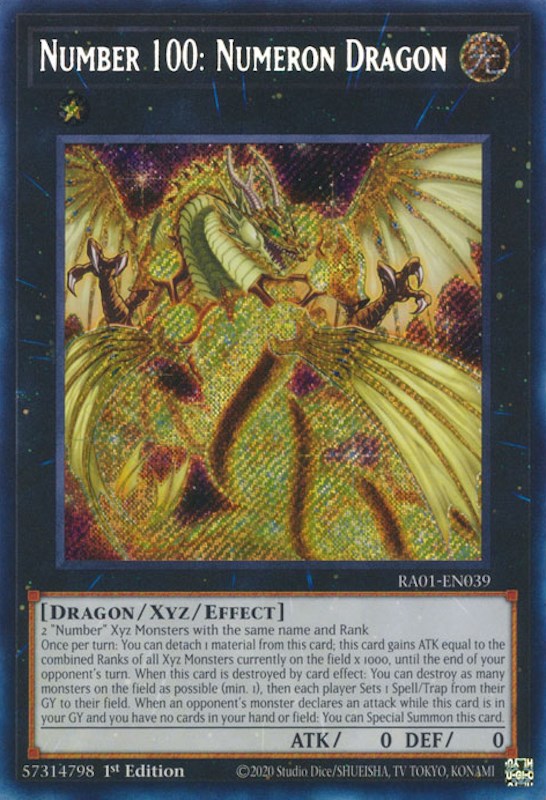A Secret Rare "Number 100: Numeron Dragon" card from the Yugioh Set: Rarity Collection 1 (RA01).