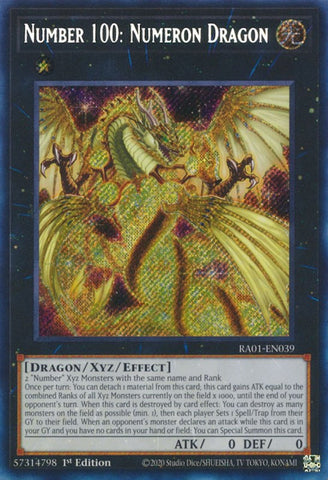A Secret Rare "Number 100: Numeron Dragon" card from the Yugioh Set: Rarity Collection 1 (RA01).