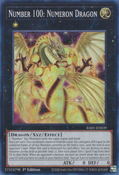 A Super Rare "Number 100: Numeron Dragon" card from the Yugioh Set: Rarity Collection 1 (RA01).