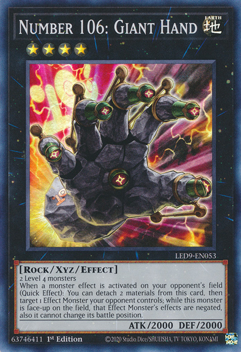  A Super Rare "Number 106: Giant Hand" card from the Yugioh Set: Legendary Duelists: Duels From the Deep (LED9).