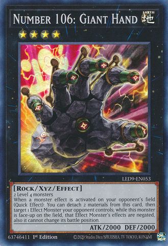  A Super Rare "Number 106: Giant Hand" card from the Yugioh Set: Legendary Duelists: Duels From the Deep (LED9).