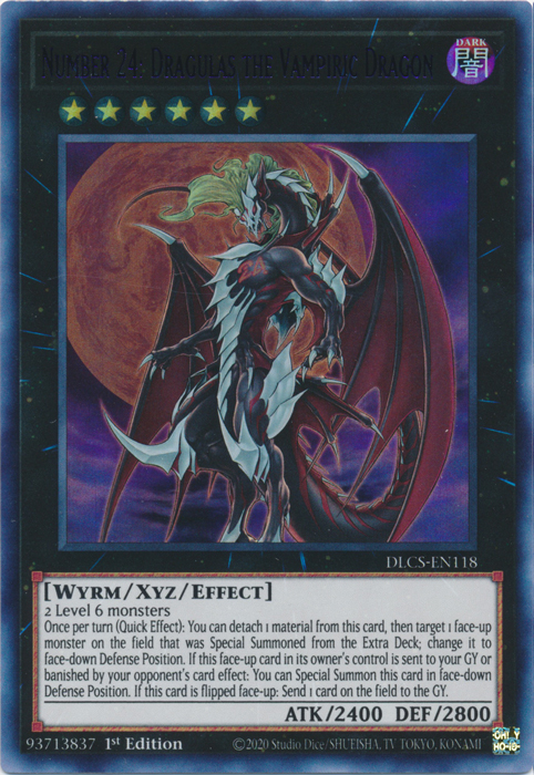 An Ultra Rare Purple "Number 24: Dragulas the Vampiric Dragon" card from the Yugioh Set: Dragons of Legend: The Complete Series.