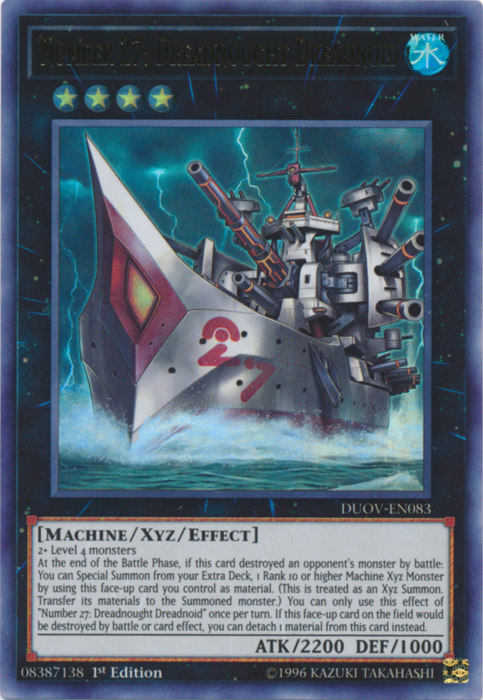 An Ultra Rare "Number 27: Dreadnought Dreadnoid" card from the Yugioh Set: Duel Overload (DUOV).