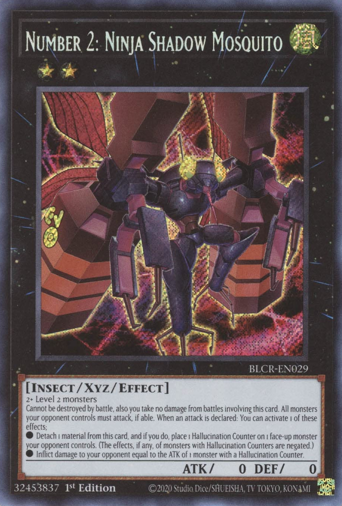 A Secret Rare "Number 2: Ninja Shadow Mosquito" card from the Yugioh Set: Battles of Legend: Crystal Revenge.