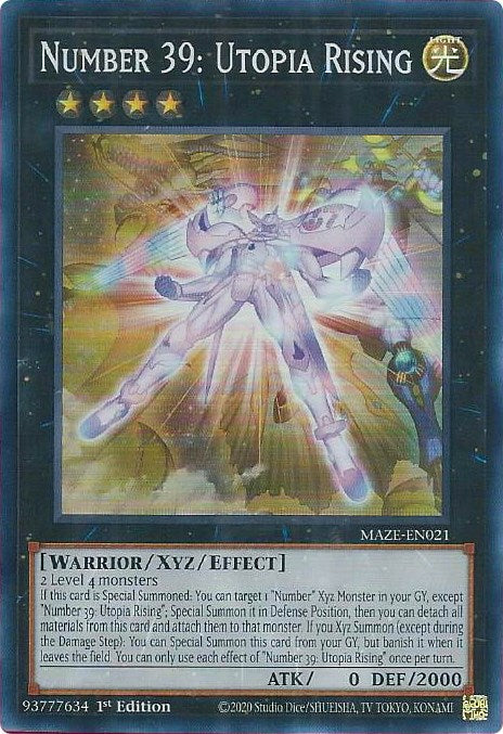 A Super Rare "Number 39: Utopia Rising" card from the Yugioh Set: Maze of Memories (MAZE).