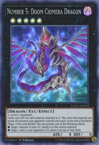 A Super Rare "Number 5: Doom Chimera Dragon" card from the Yugioh Set: Dark Neostorm (DANE). 