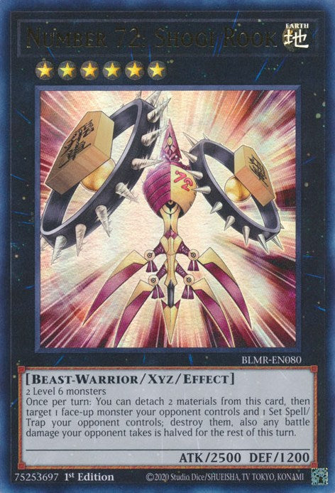 An Ultra Rare "Number 72: Shogi Rook" card from the Yugioh Set: Battles of Legend: Monstrous Revenge (BLMR).