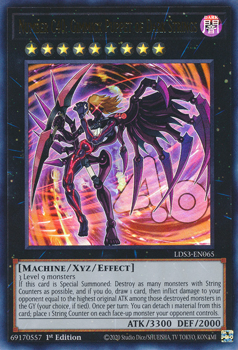 An Ultra Rare "Number C40: Gimmick Puppet of Dark Strings" card from the Yugioh Set: Legendary Duelists: Season 3 (LDS3).