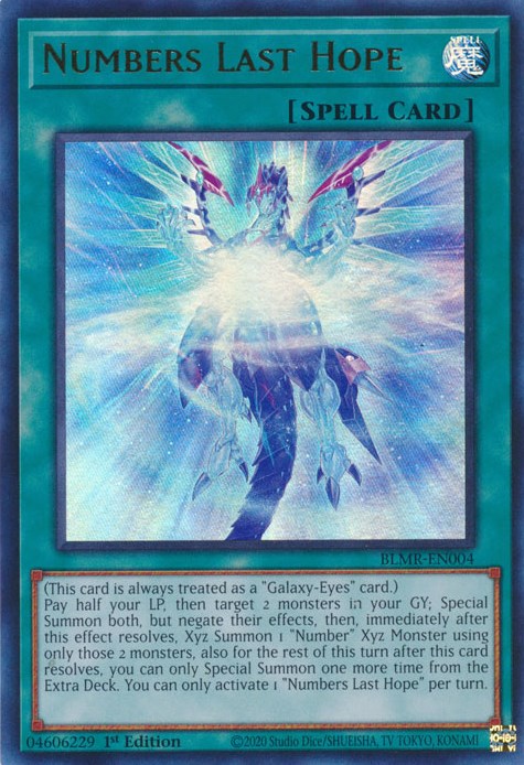 An Ultra Rare "Numbers Last Hope" card from the Yugioh Set: Battles of Legend: Monstrous Revenge.