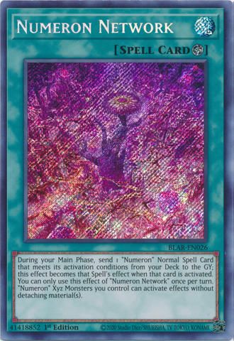 A Secret Rare "Numeron Network" card from the Yugioh Set: Battles of Legend: Armageddon.