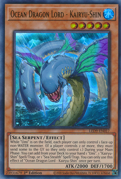 An Ultra Rare "Ocean Dragon Lord - Kairyu-Shin" card from the Yugioh Set: Legendary Duelists: Duels From the Deep (LED9).
