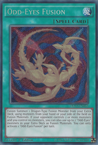  A Secret Rare "Odd-Eyes Fusion" card from the Yugioh Set: Dimension of Chaos.