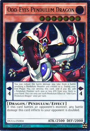 An Ultimate Rare "Odd-Eyes Pendulum Dragon" card from the Yugioh Set: Duelist Alliance (DUEA).