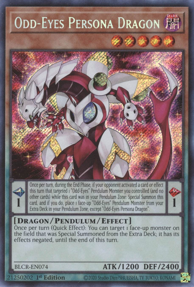 A Secret Rare "Odd-Eyes Persona Dragon" card from the Yugioh Set: Battles of Legend: Crystal Revenge.